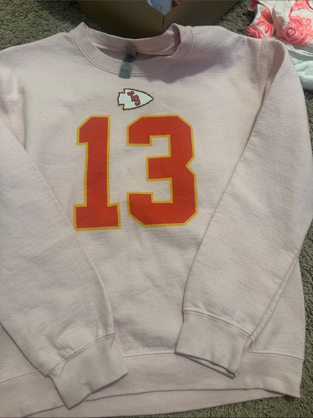 Pink Crewneck Sweatshirt with Red & Gold '13' Graphic